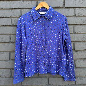 Eddie Bauer Sleepwear Collared Knit Cardigan Sweater Womens L Floral Blue Granny